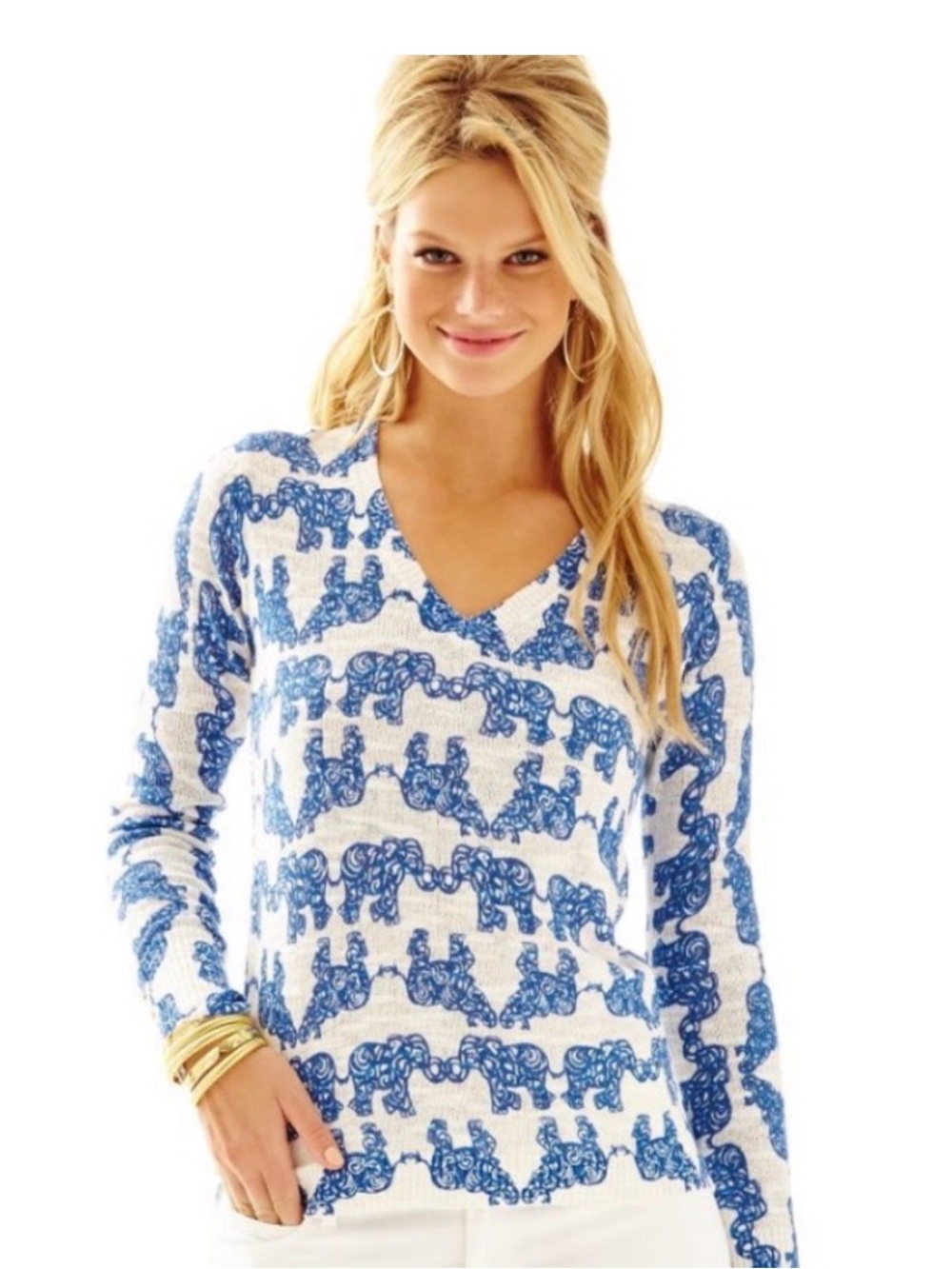 Lilly Pulitzer Pack Your Trunk Elephant Sweater Lightweight V Neck size XS